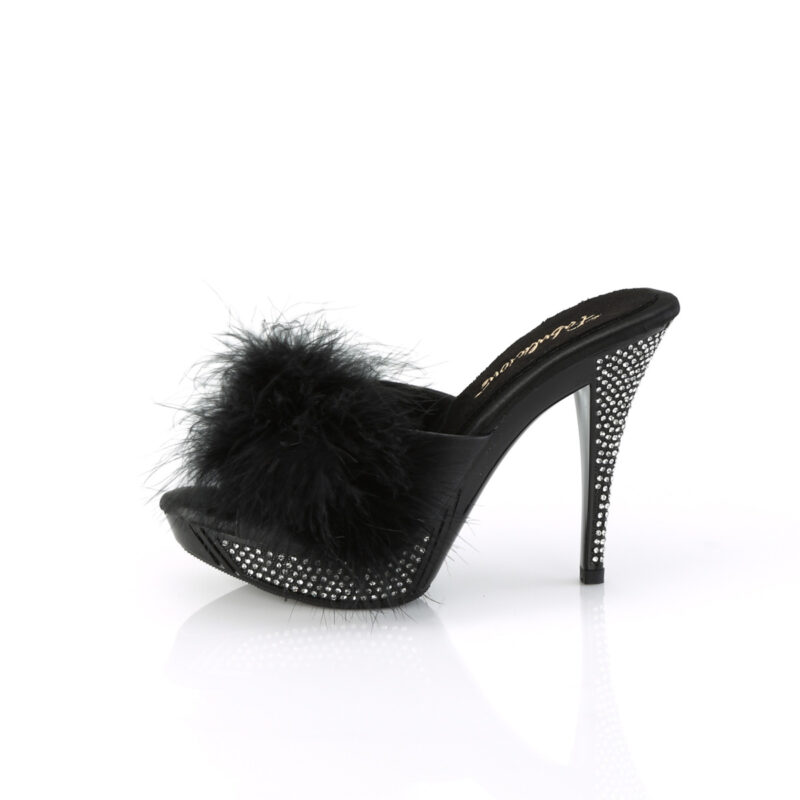 Schwarze Pantolette mit Marabu Federn und strassbesetztem Plateau und Absatz, Kollektion Fabulicious by Pleaser USA, 11,5 cm High Heel Absatz, 2,5 cm Plateau.