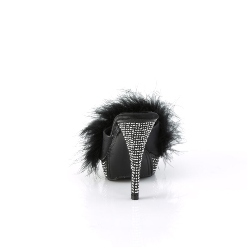Schwarze Pantolette mit Marabu Federn und strassbesetztem Plateau und Absatz, Kollektion Fabulicious by Pleaser USA, 11,5 cm High Heel Absatz, 2,5 cm Plateau.