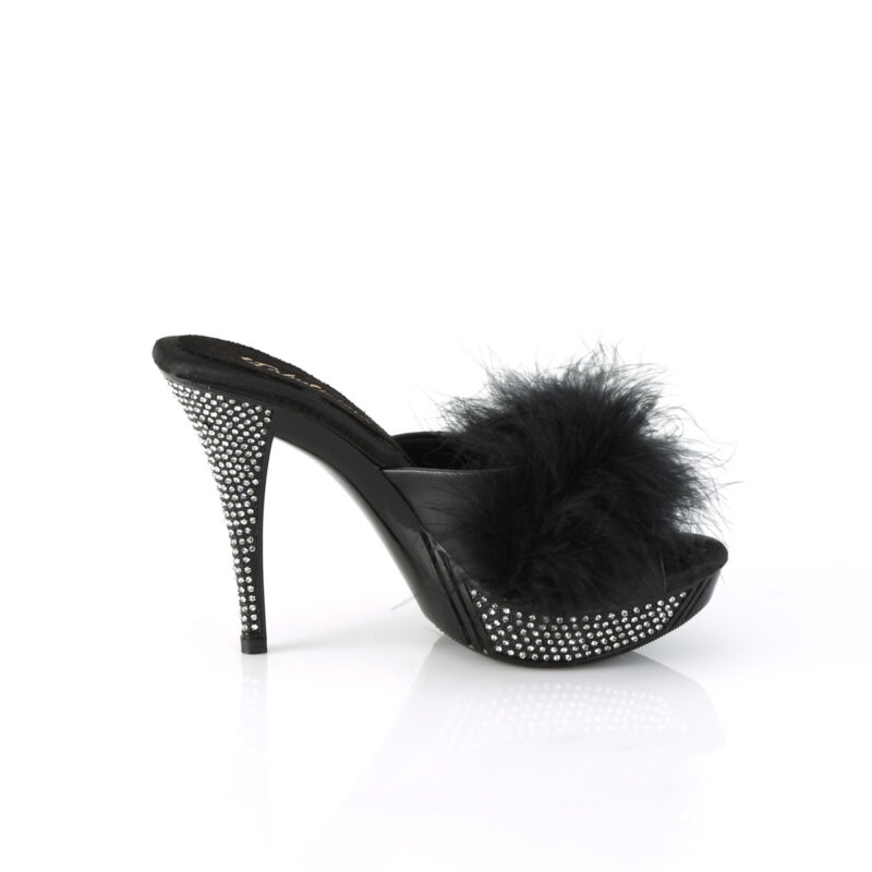 Schwarze Pantolette mit Marabu Federn und strassbesetztem Plateau und Absatz, Kollektion Fabulicious by Pleaser USA, 11,5 cm High Heel Absatz, 2,5 cm Plateau.