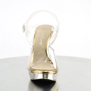 High-Heel Sandalette mit strassbesetztem, goldfarbenem Chrom Plateau und Absatz, Kollektion Fabulicious by Pleaser, 11,5 cm Absatz, 2,5 cm Plateau.