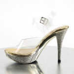 High-Heel Sandalette mit strassbesetztem, goldfarbenem Chrom Plateau und Absatz, Kollektion Fabulicious by Pleaser, 11,5 cm Absatz, 2,5 cm Plateau.