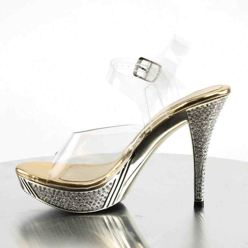 High-Heel Sandalette mit strassbesetztem, goldfarbenem Chrom Plateau und Absatz, Kollektion Fabulicious by Pleaser, 11,5 cm Absatz, 2,5 cm Plateau.