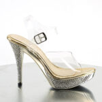 High-Heel Sandalette mit strassbesetztem, goldfarbenem Chrom Plateau und Absatz, Kollektion Fabulicious by Pleaser, 11,5 cm Absatz, 2,5 cm Plateau.