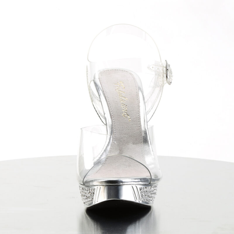 High-Heel Sandalette mit strassbesetztem, silberfarbenem Chrom Plateau und Absatz, von Fabulicious by Pleaser, 11,5 cm Absatz, 2,5 cm Plateau.