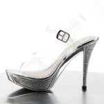 High-Heel Sandalette mit strassbesetztem, silberfarbenem Chrom Plateau und Absatz, von Fabulicious by Pleaser, 11,5 cm Absatz, 2,5 cm Plateau.