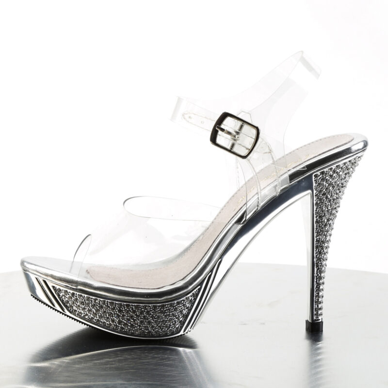 High-Heel Sandalette mit strassbesetztem, silberfarbenem Chrom Plateau und Absatz, von Fabulicious by Pleaser, 11,5 cm Absatz, 2,5 cm Plateau.