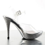 High-Heel Sandalette mit strassbesetztem, silberfarbenem Chrom Plateau und Absatz, von Fabulicious by Pleaser, 11,5 cm Absatz, 2,5 cm Plateau.