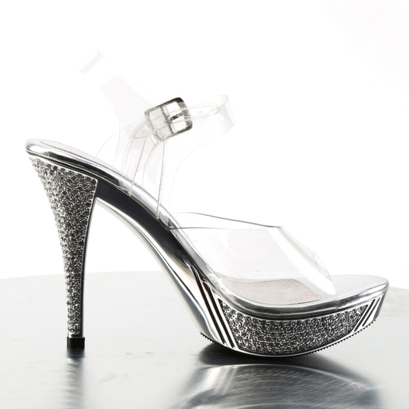 High-Heel Sandalette mit strassbesetztem, silberfarbenem Chrom Plateau und Absatz, von Fabulicious by Pleaser, 11,5 cm Absatz, 2,5 cm Plateau.