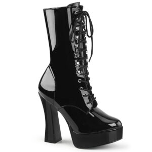 Plateau Stiefelette schwarz Lack mit Schnürung, 13 cm Blockabsatz und 4 cm Plateau von Pleaser USA.