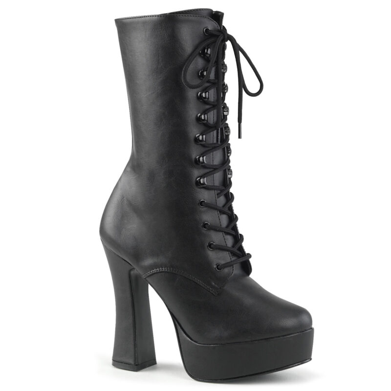 Plateau Stiefelette schwarz Kunstleder mit Schnürung, 13 cm Blockabsatz und 4 cm Plateau von Pleaser USA.