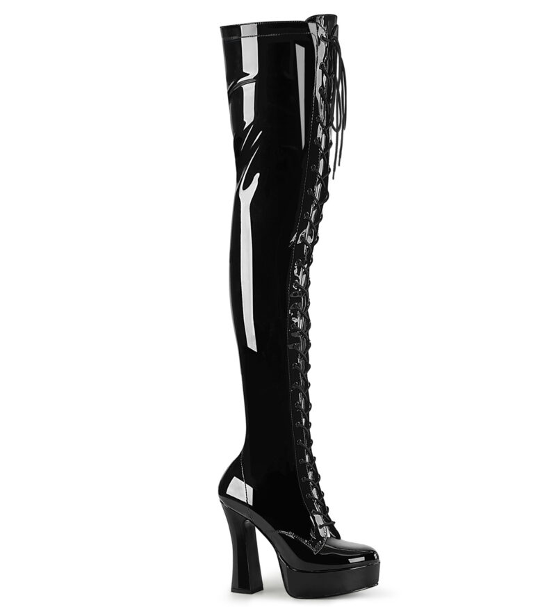 Overknee Plateau Schnürstiefel schwarz Lack mit 13 cm Blockabsatz und 4 cm Plateau von Pleaser USA.