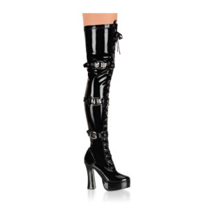 Overknee Plateau Schnürstiefel mit Schnallen, schwarz Lack, mit 13 cm Blockabsatz und 4 cm Plateau von Pleaser USA.