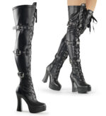 Overknee Plateau Schnürstiefel mit Schnallen, schwarz Stretchkunstleder, mit 13 cm Blockabsatz und 4 cm Plateau von Pleaser USA.