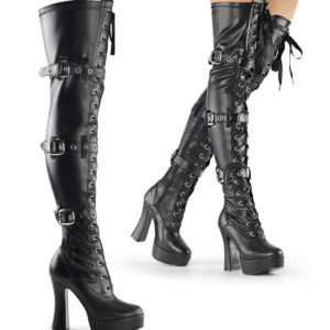 Overknee Plateau Schnürstiefel mit Schnallen, schwarz Stretchkunstleder, mit 13 cm Blockabsatz und 4 cm Plateau von Pleaser USA.