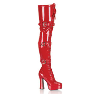 Overknee Plateau Schnürstiefel mit Schnallen, rot Lack, mit 13 cm Blockabsatz und 4 cm Plateau von Pleaser USA.