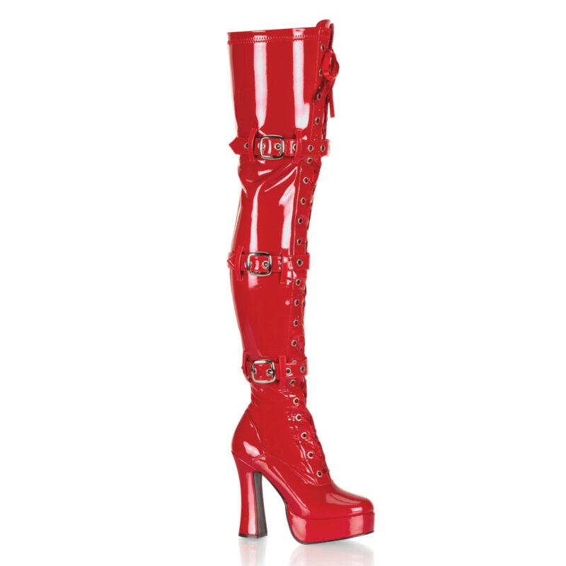 Overknee Plateau Schnürstiefel mit Schnallen, rot Lack, mit 13 cm Blockabsatz und 4 cm Plateau von Pleaser USA.