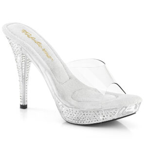 Durchsichtige High Heel Pantolette mit strassbesetztem Plateau und Absatz von Pleaser, 11,5 cm Absatz, 2,5 cm Plateau