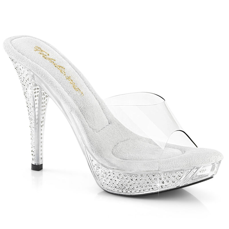 Durchsichtige High Heel Pantolette mit strassbesetztem Plateau und Absatz von Pleaser, 11,5 cm Absatz, 2,5 cm Plateau