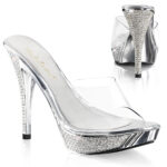 Durchsichtige High Heel Pantolette mit strassbesetztem silber Chrom Plateau und Absatz von Pleaser, 11,5 cm Absatz, 2,5 cm Plateau