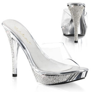 Durchsichtige High Heel Pantolette mit strassbesetztem silber Chrom Plateau und Absatz von Pleaser, 11,5 cm Absatz, 2,5 cm Plateau