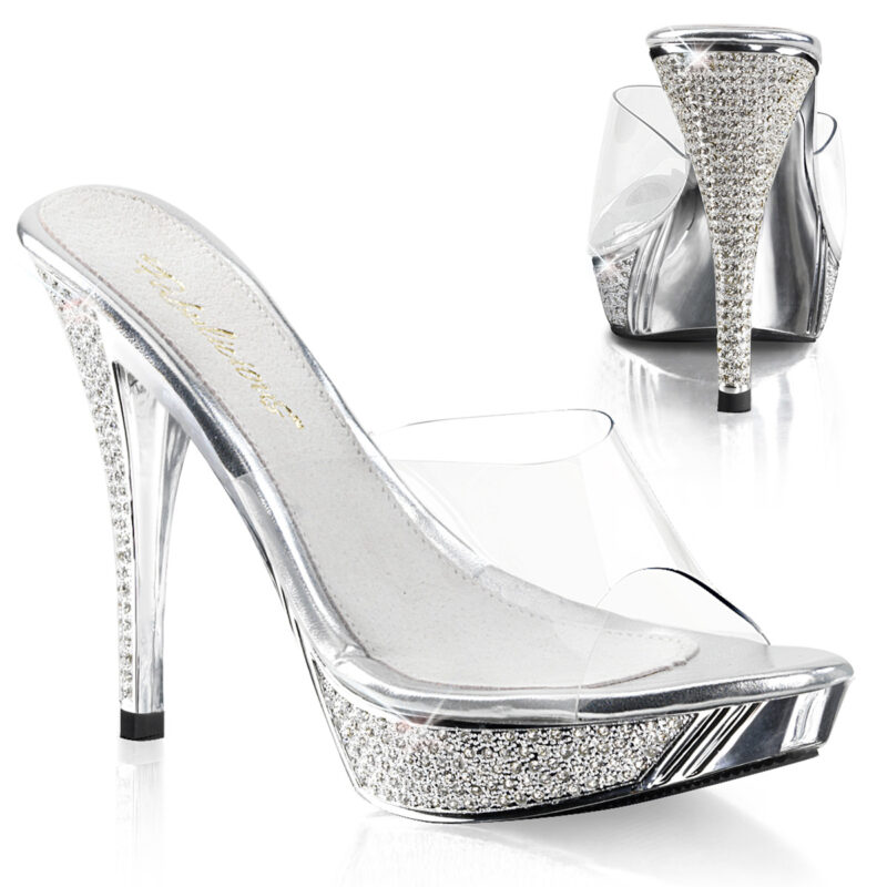 Durchsichtige High Heel Pantolette mit strassbesetztem silber Chrom Plateau und Absatz von Pleaser, 11,5 cm Absatz, 2,5 cm Plateau