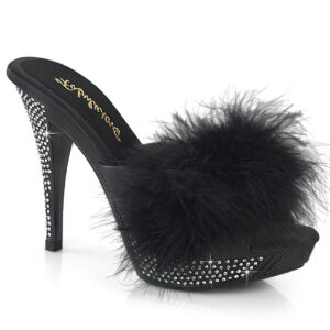 Schwarze Pantolette mit Marabu Federn und strassbesetztem Plateau und Absatz, Kollektion Fabulicious by Pleaser USA, 11,5 cm High Heel Absatz, 2,5 cm Plateau.