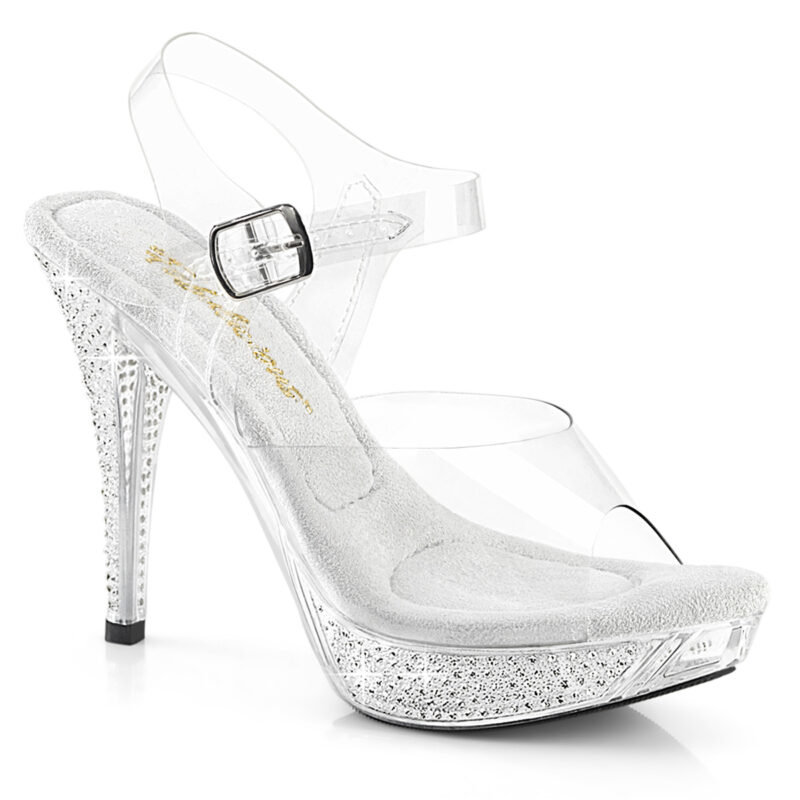 Durchsichtige High-Heel Sandalette mit strassbesetztem Plateau und Absatz, von Fabulicious by Pleaser, 11,5 cm Absatz, 2,5 cm Plateau.