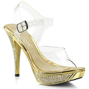 High-Heel Sandalette mit strassbesetztem, goldfarbenem Chrom Plateau und Absatz, Kollektion Fabulicious by Pleaser, 11,5 cm Absatz, 2,5 cm Plateau.