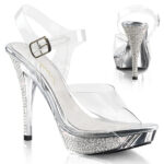 High-Heel Sandalette mit strassbesetztem, silberfarbenem Chrom Plateau und Absatz, von Fabulicious by Pleaser, 11,5 cm Absatz, 2,5 cm Plateau.