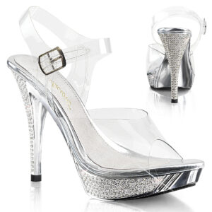 High-Heel Sandalette mit strassbesetztem, silberfarbenem Chrom Plateau und Absatz, von Fabulicious by Pleaser, 11,5 cm Absatz, 2,5 cm Plateau.
