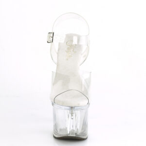 Durchsichtige Plateau Sandalette mit 17,5 cm Ansatz, 7,5 cm Plateau und heller weichgepolsterter Lederinnensohle von Pleaser USA.