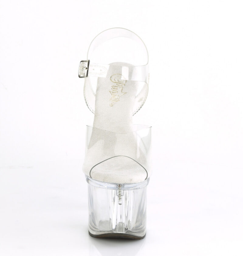 Durchsichtige Plateau Sandalette mit 17,5 cm Ansatz, 7,5 cm Plateau und heller weichgepolsterter Lederinnensohle von Pleaser USA.