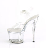 Durchsichtige Plateau Sandalette mit 17,5 cm Ansatz, 7,5 cm Plateau und heller weichgepolsterter Lederinnensohle von Pleaser USA.