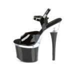 Schwarz-klare Plateau Sandalette mit 17,5 cm Ansatz, 7,5 cm Plateau und weichgepolsterter Lederinnensohle von Pleaser USA.