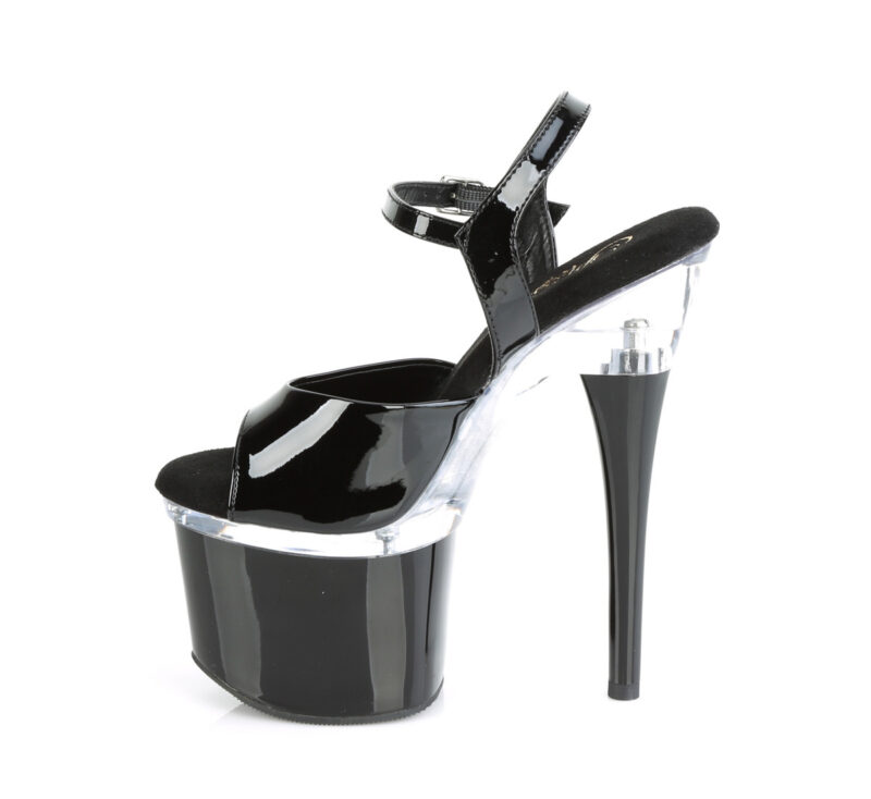 Schwarz-klare Plateau Sandalette mit 17,5 cm Ansatz, 7,5 cm Plateau und weichgepolsterter Lederinnensohle von Pleaser USA.