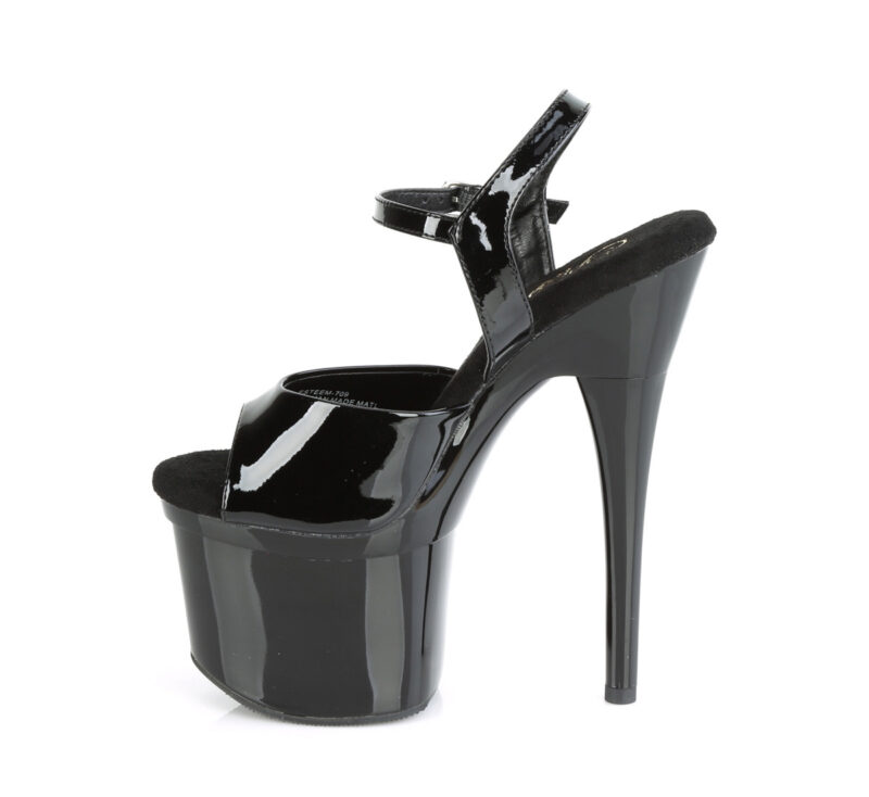 Schwarze Plateau Sandalette mit 17,5 cm Ansatz, 7,5 cm Plateau und weichgepolsterter Lederinnensohle von Pleaser USA.