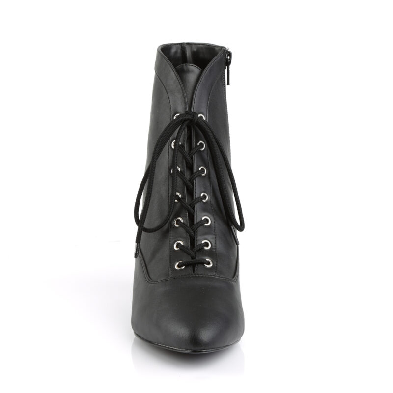 Schwarze Stiefelette mit Schnürung, Reißverschluss und 5 cm Blockabsatz in Kunstleder von Pleaser USA.