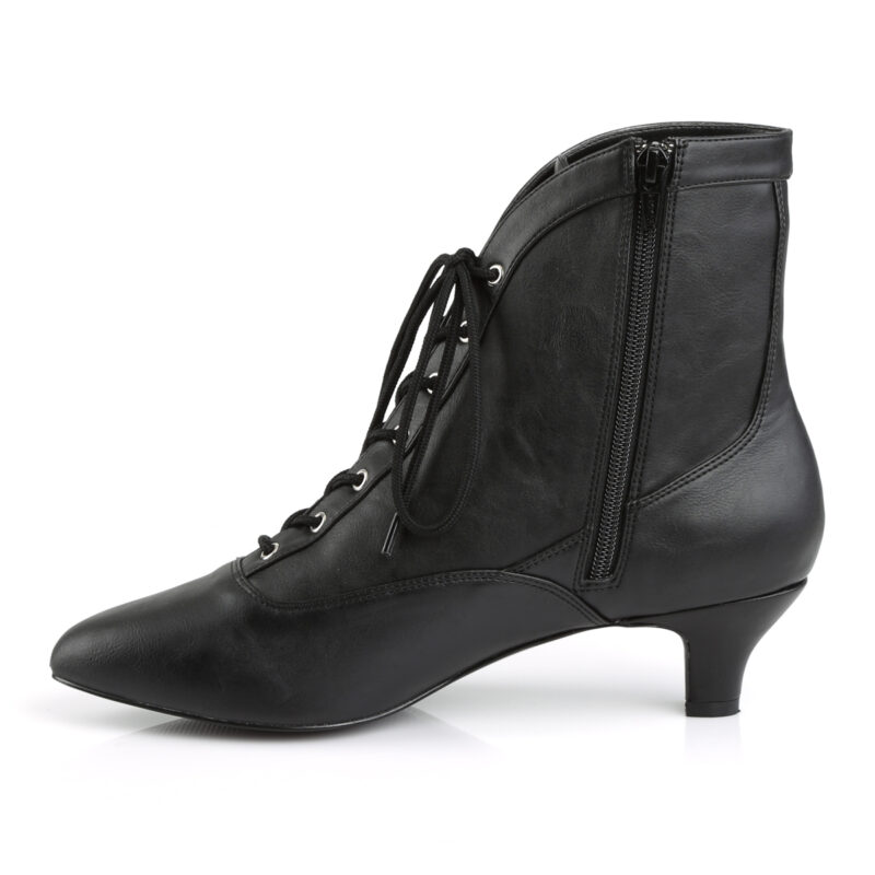 Schwarze Stiefelette mit Schnürung, Reißverschluss und 5 cm Blockabsatz in Kunstleder von Pleaser USA.