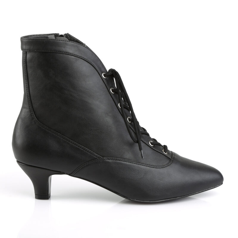 Schwarze Stiefelette mit Schnürung, Reißverschluss und 5 cm Blockabsatz in Kunstleder von Pleaser USA.