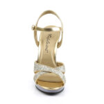 High Heel Riemchen Sandalette gold Glitter Strass mit durchsichtigem Mini-Plateau und Absatz von Fabulicious by Pleaser, 11,5 cm Absatz, 1 cm Plateau.