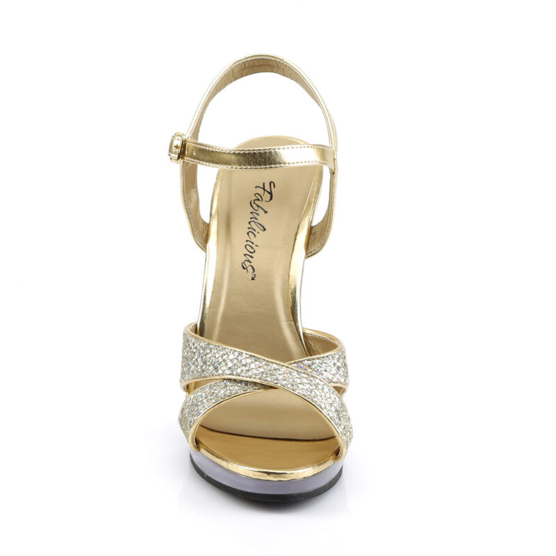 High Heel Riemchen Sandalette gold Glitter Strass mit durchsichtigem Mini-Plateau und Absatz von Fabulicious by Pleaser, 11,5 cm Absatz, 1 cm Plateau.
