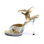 High Heel Riemchen Sandalette gold Glitter Strass mit durchsichtigem Mini-Plateau und Absatz von Fabulicious by Pleaser, 11,5 cm Absatz, 1 cm Plateau.