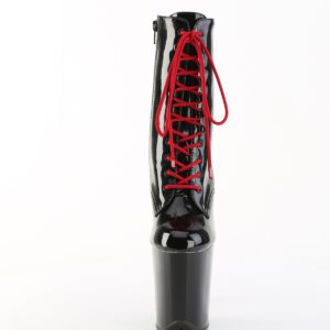 Zweifarbige Stiefelette schwarz Lack mit roter Schnürung, rotem 20 cm hohem Absatz und 10 cm Plateau von Pleaser.