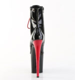 Zweifarbige Stiefelette schwarz Lack mit roter Schnürung, rotem 20 cm hohem Absatz und 10 cm Plateau von Pleaser.