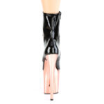 Stiefelette in schwarz Lack mit Schnürung, 20 cm hohem Absatz und 10 cm rose gold Chrom Plateau von Pleaser.