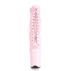 Stiefelette in baby pink Lack mit Schnürung, 20 cm hohem Absatz und 10 cm Plateau von Pleaser.