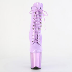 Stiefelette in lavendel Lack mit Schnürung, 20 cm hohem Absatz und 10 cm lavendel Chrom Plateau von Pleaser.