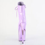Stiefelette in lavendel Lack mit Schnürung, 20 cm hohem Absatz und 10 cm lavendel Chrom Plateau von Pleaser.