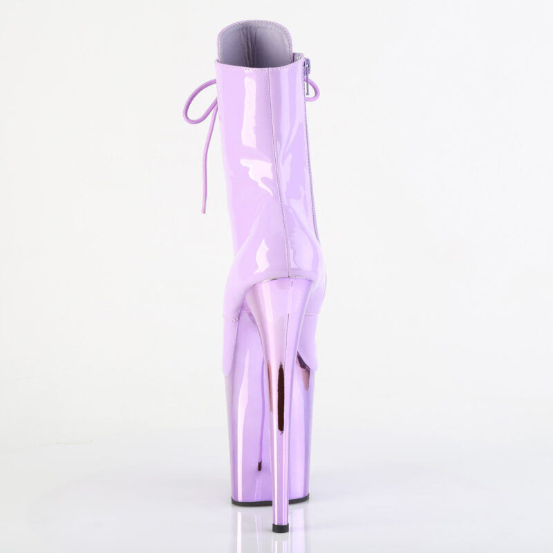 Stiefelette in lavendel Lack mit Schnürung, 20 cm hohem Absatz und 10 cm lavendel Chrom Plateau von Pleaser.