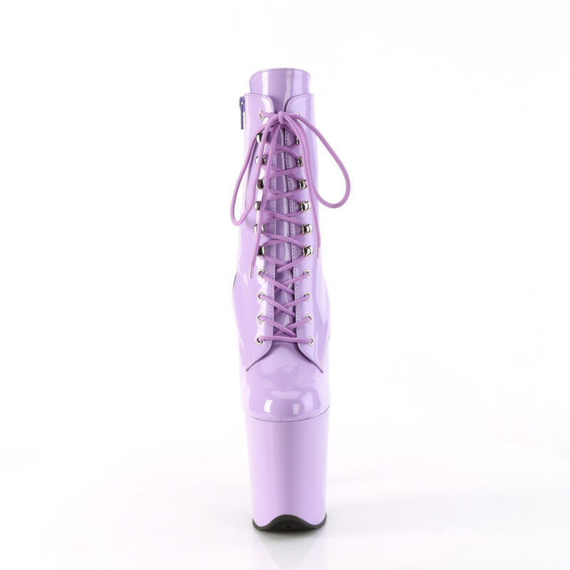 Stiefelette in lavendel Lack mit Schnürung, 20 cm hohem Absatz und 10 cm Plateau von Pleaser.